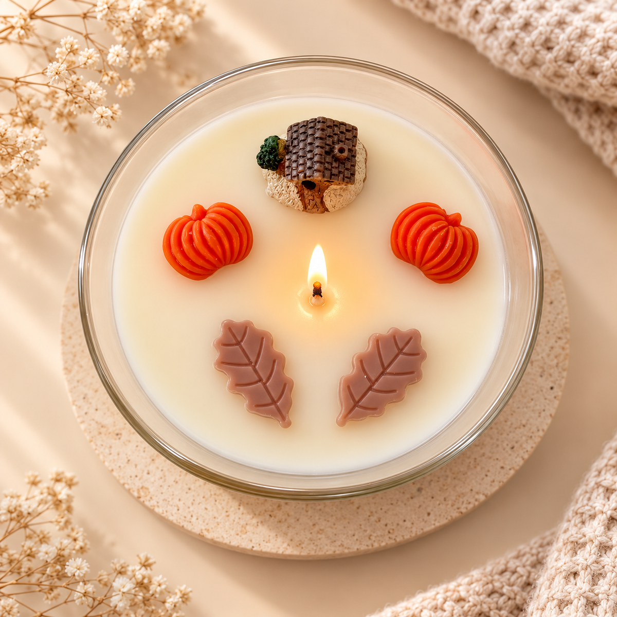 ❥ Vela de Otoño con Casita y calabazas decorativas en vaso (nuevo) | Edición limitada