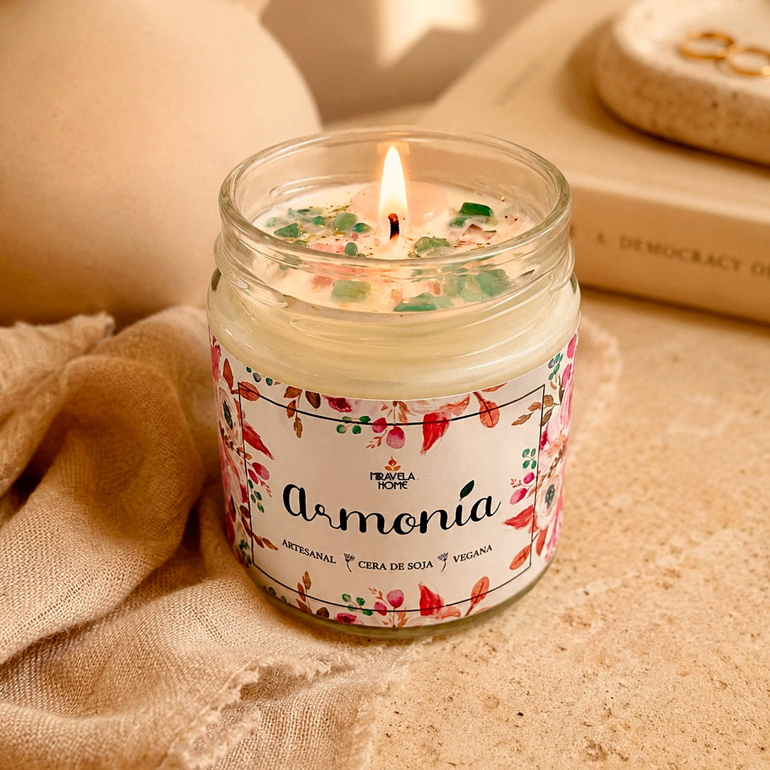 ❥  Vela "Armonía"  con corazón de cuarzo rosa 💖