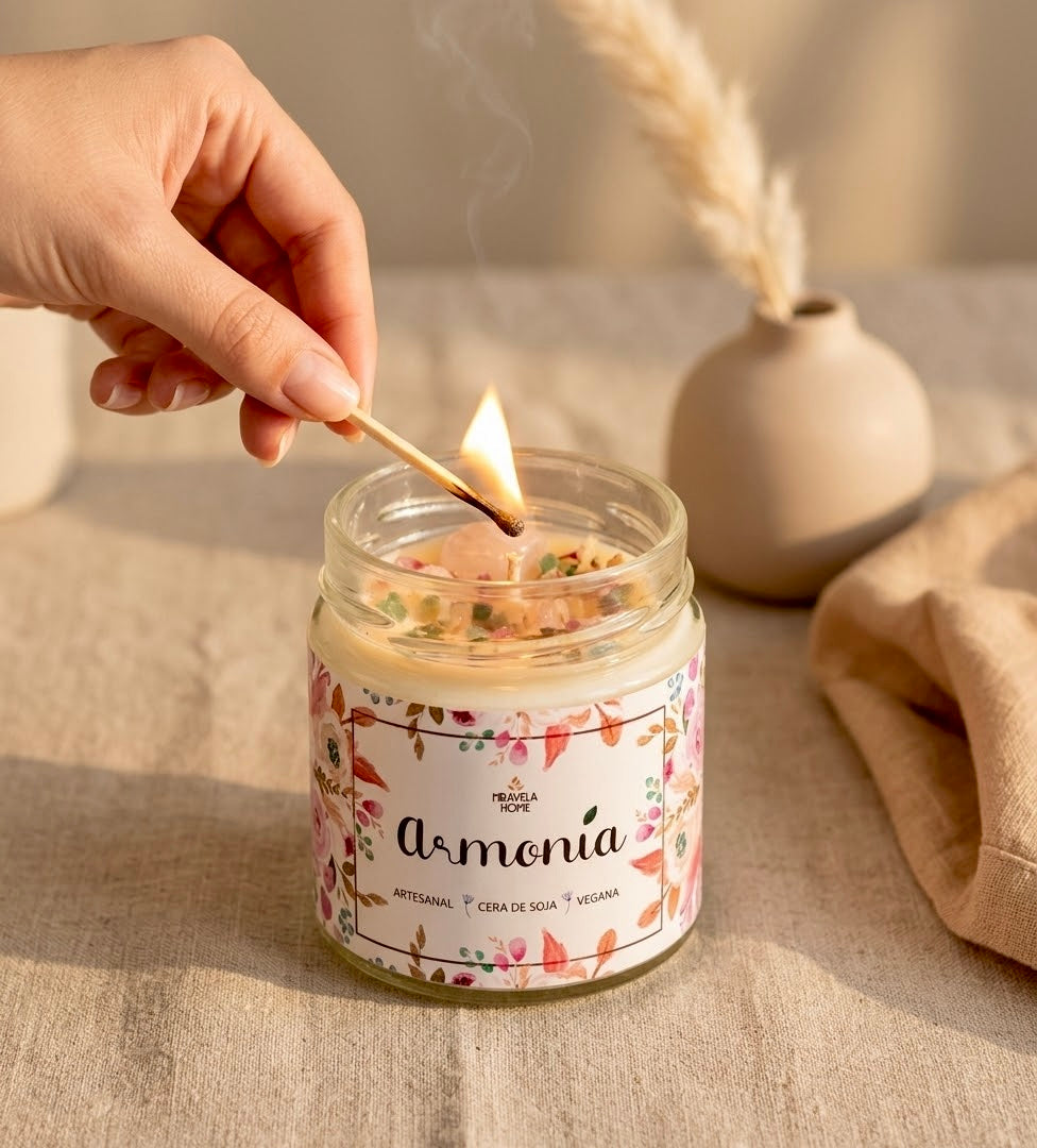 ❥  Vela "Armonía"  con corazón de cuarzo rosa 💖