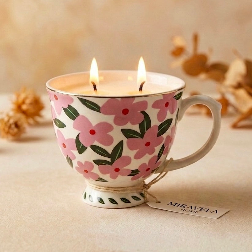 Vela en taza con ligera inclinación