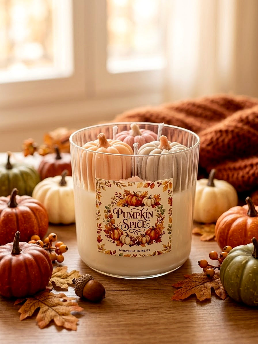 ❥ Vela aroma Pumpkin Spice en vaso (nuevo) con calabazas | Edición limitada.