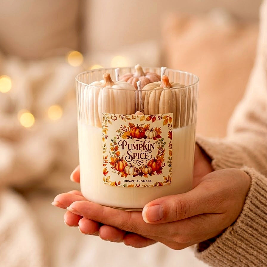 ❥ Vela aroma Pumpkin Spice en vaso (nuevo) con calabazas | Edición limitada.