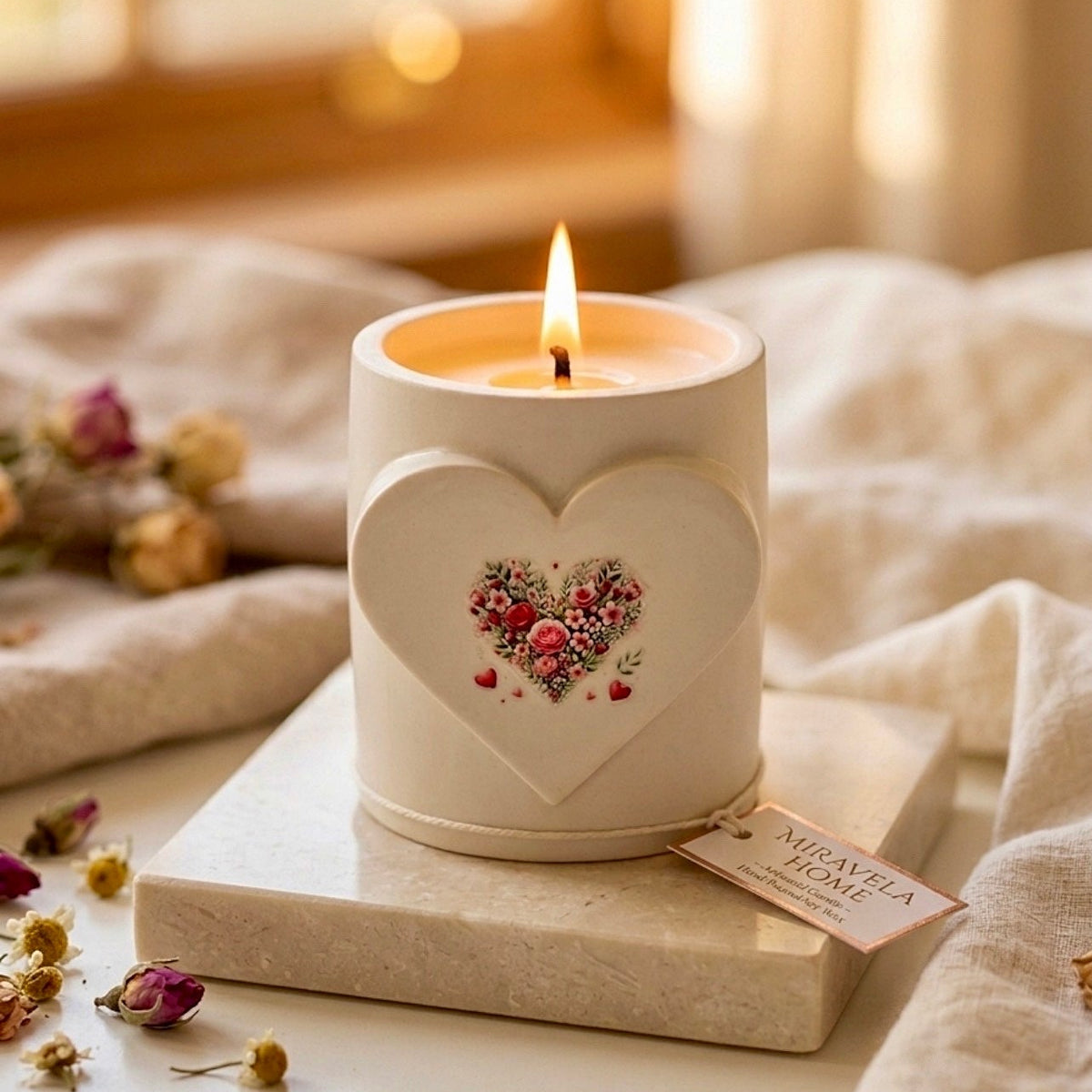 ❥ Vela Romántica Artesanal "Corazón Floral" (6 aromas a elegir)