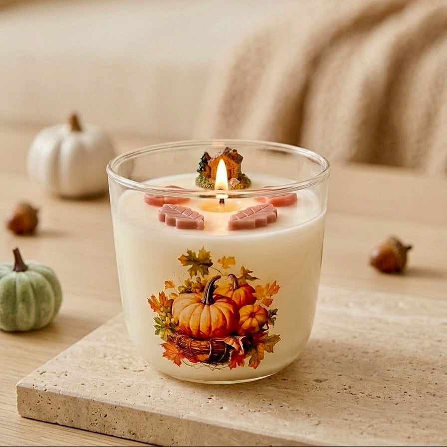 ❥ Vela de Otoño con Casita y calabazas decorativas en vaso (nuevo) | Edición limitada