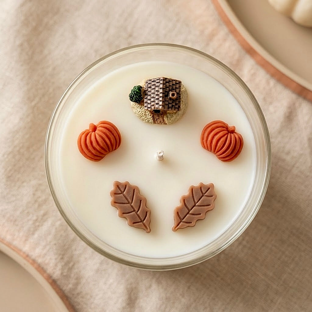 ❥ Vela de Otoño con Casita y calabazas decorativas en vaso (nuevo) | Edición limitada