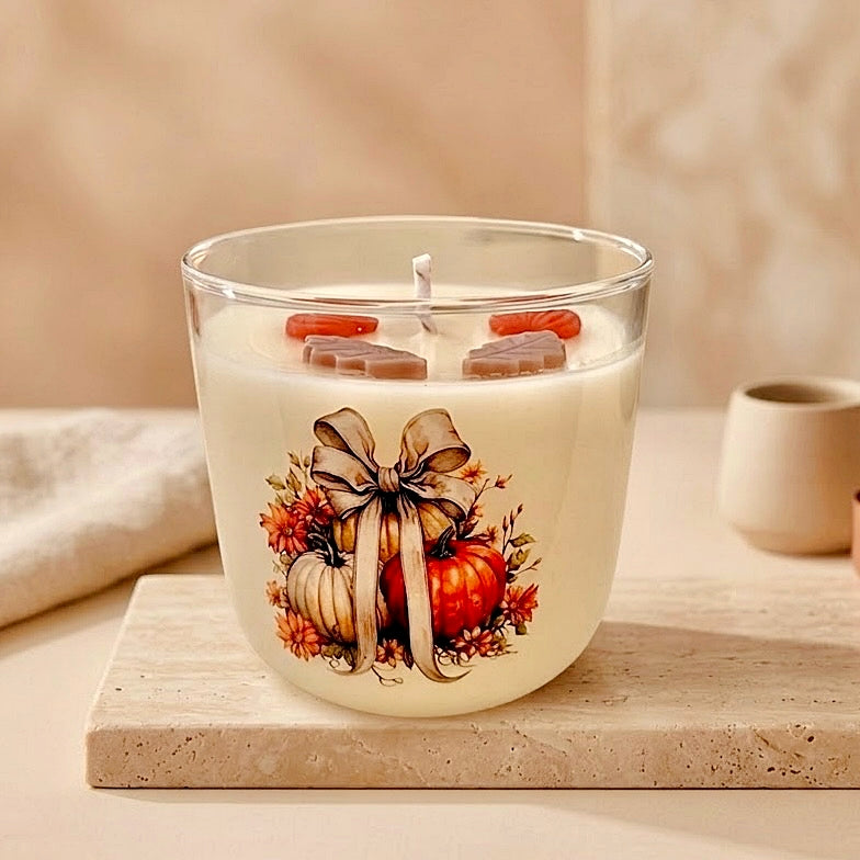 ❥ Vela de Otoño con Casita y calabazas decorativas en vaso (nuevo) | Edición limitada