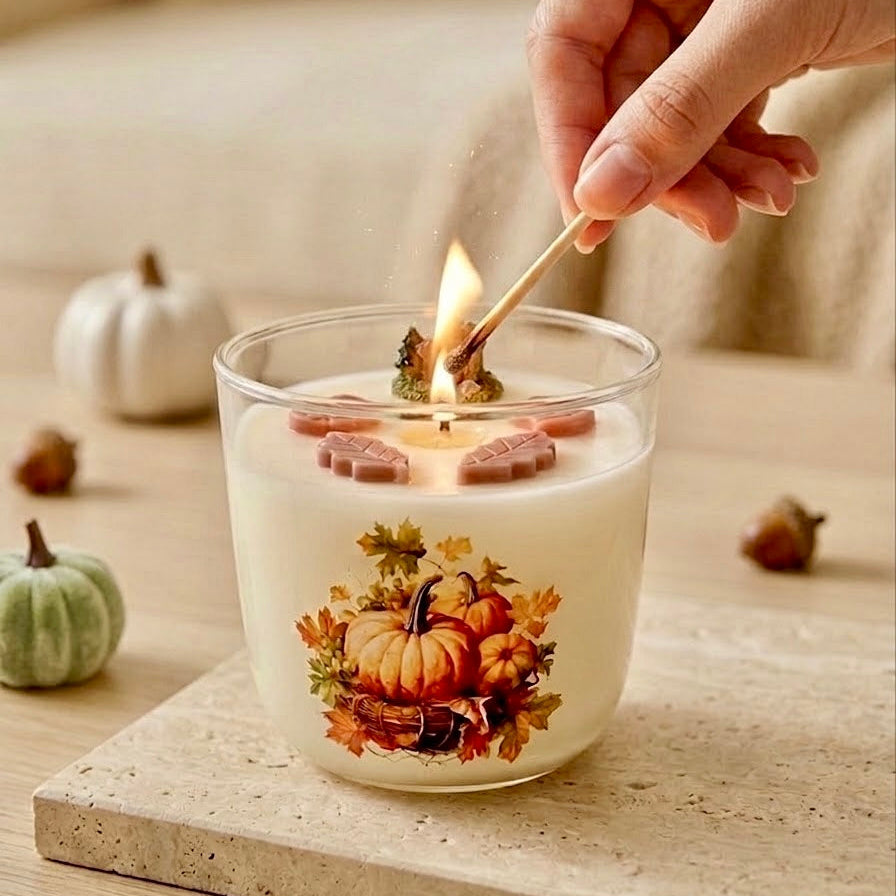 ❥ Vela de Otoño con Casita y calabazas decorativas en vaso (nuevo) | Edición limitada